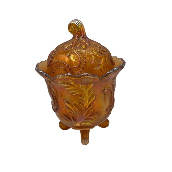 Vintage Carnival Glass Lidded Candy Dish With Embossed Paisley & Leaf Design - Picture 4 of 6